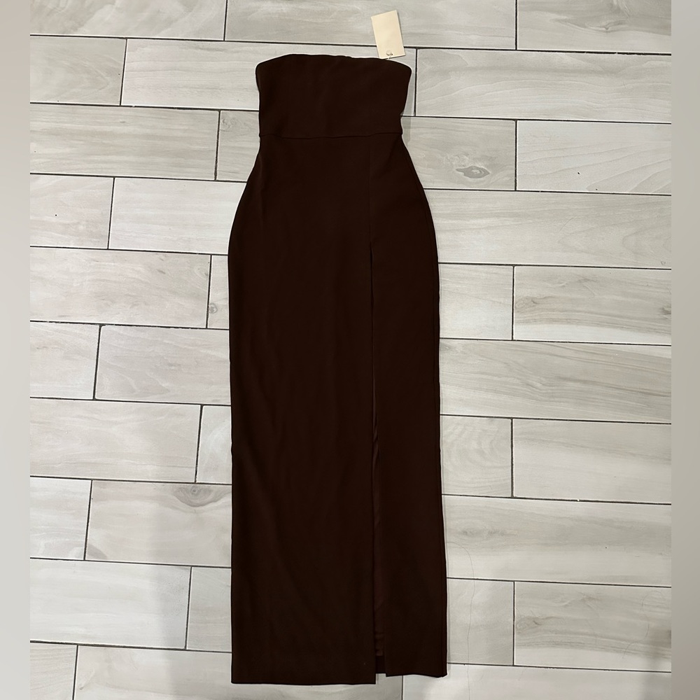 MESHKI Off the Shoulder BROWN split dress